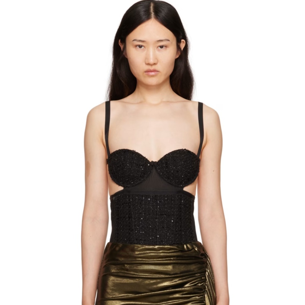 “GCDS” Bangon Sequin Tweed & Mesh Bustier Bodysuit - Picture 2 of 16